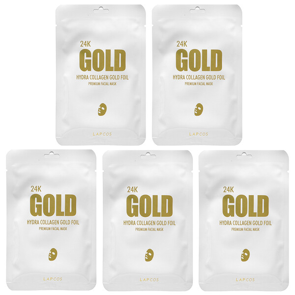 24K Gold Hydra Collagen Gold Foil, косметическая тканевая маска для лица премиум-класса, 5 листов по 0,88 унции (25 г) каждый LAPCOS
