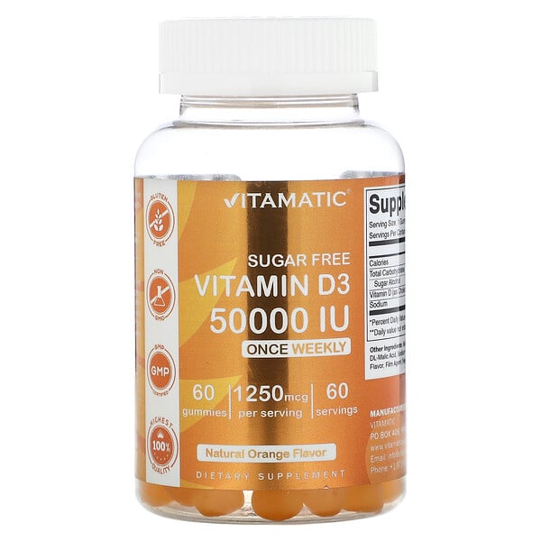 Витамин D3 без сахара, Натуральный апельсин - 1250 мкг (50000 МЕ) - 60 жевательных конфет - Vitamatic Vitamatic