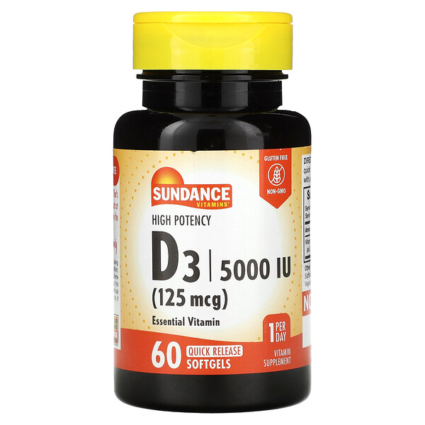 Высокоэффективный D3, 125 мкг (5000 МЕ), 60 мягких таблеток с быстрым высвобождением Sundance Vitamins
