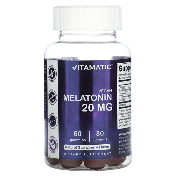 Веганский мелатонин, натуральная клубника, 10 мг, 60 жевательных таблеток Vitamatic