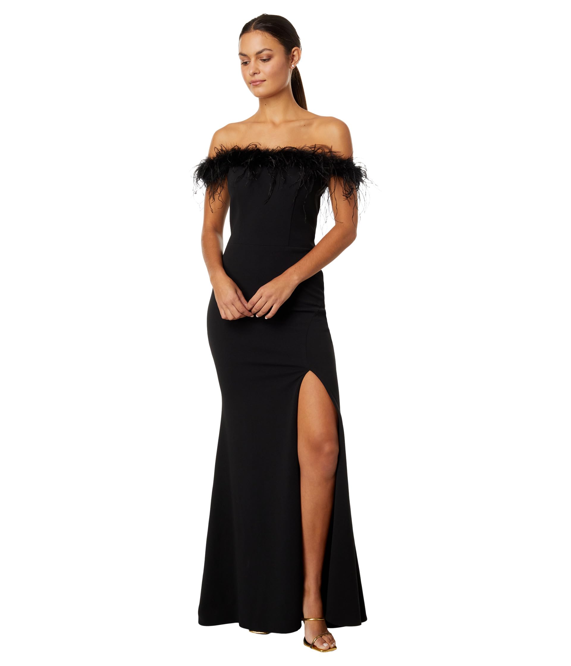 Off-the-Shoulder Long Scuba Crepe Feathers Xscape