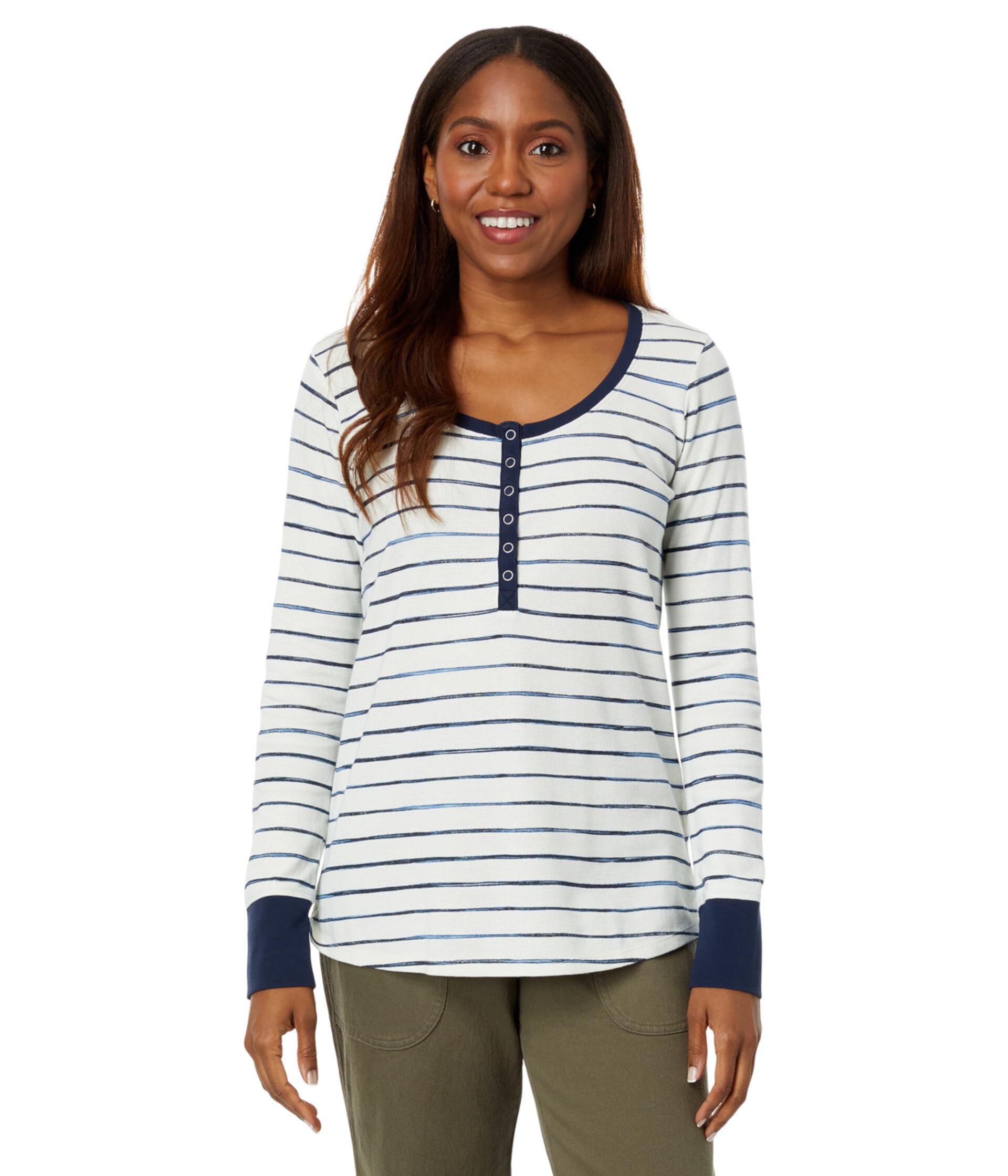 Женская Футболка L.L.Bean Unshrinkable Mini Waffle Henley Long Sleeve Stripe L.L.Bean