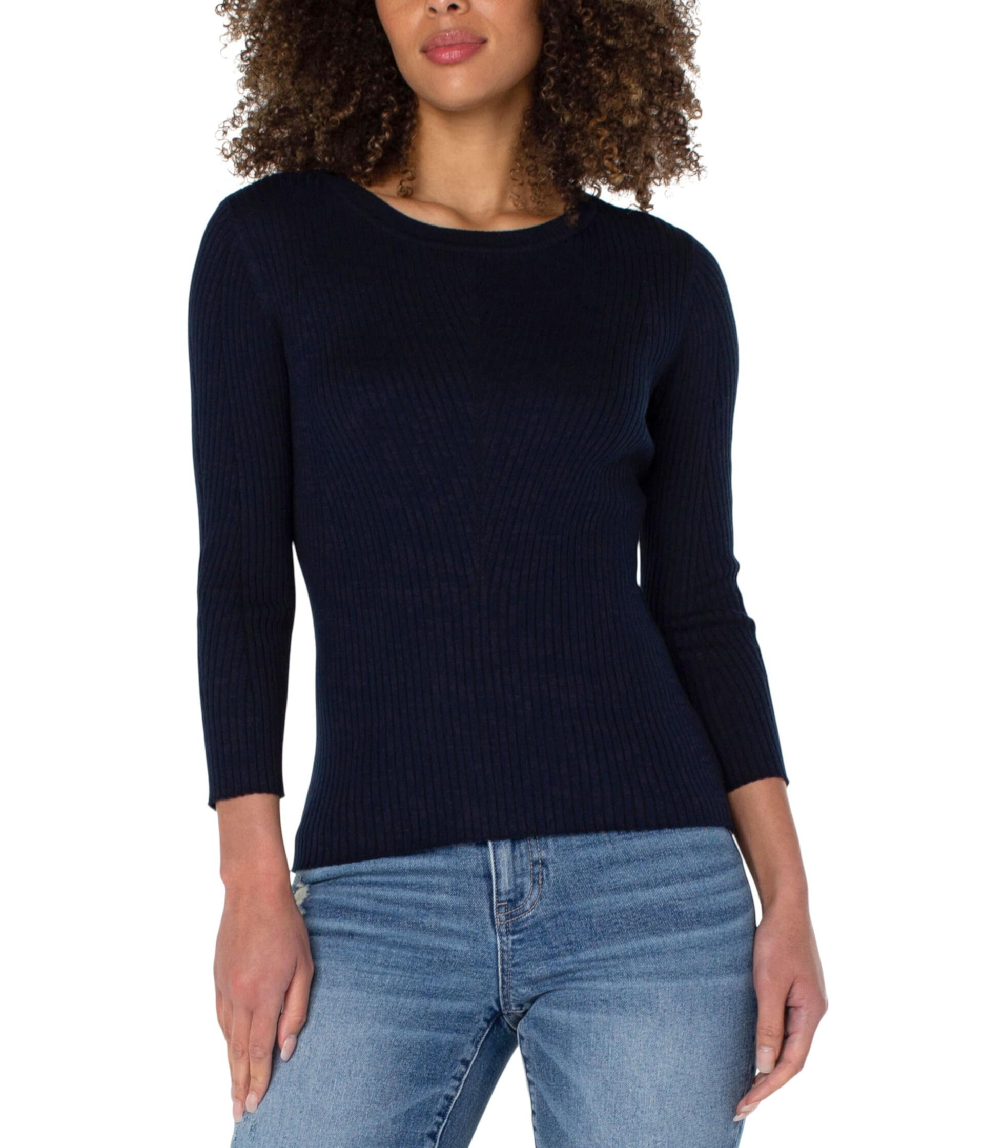 Crew Neck 3/4 Sleeve Sweater with Pointelle Liverpool Los Angeles