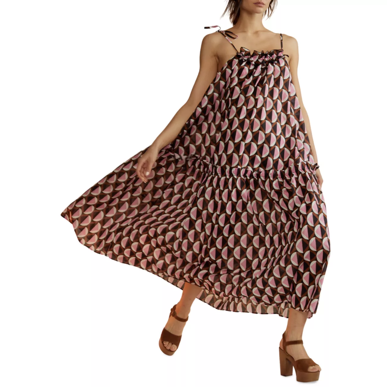 Хлопковое платье макси с геометрическим узором и завязками-спагетти Cynthia Rowley