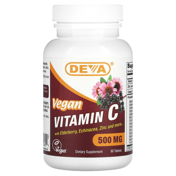 Веганский витамин С с бузиной, эхинацеей и цинком, 500 мг, 90 таблеток Deva