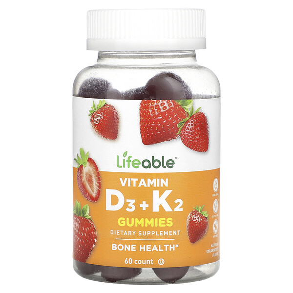 Витамин D3 + K2 в жевательных конфетах, Натуральная клубника, 60 жевательных конфет - Lifeable Lifeable