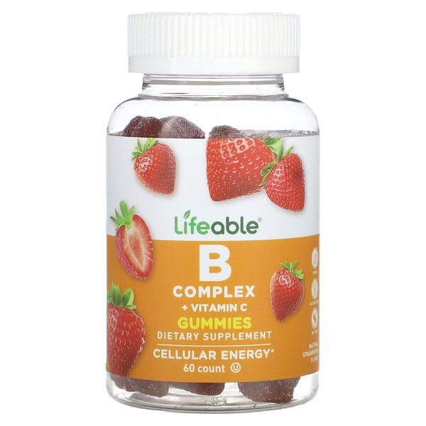 B Complex + Витамин C в жевательных конфетах, Натуральная клубника, 60 жевательных конфет - Lifeable Lifeable