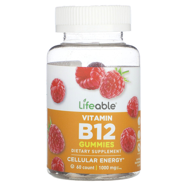 Витамин B12, Малиновые жевательные конфеты - 1000 мг - 60 конфет - Lifeable Lifeable