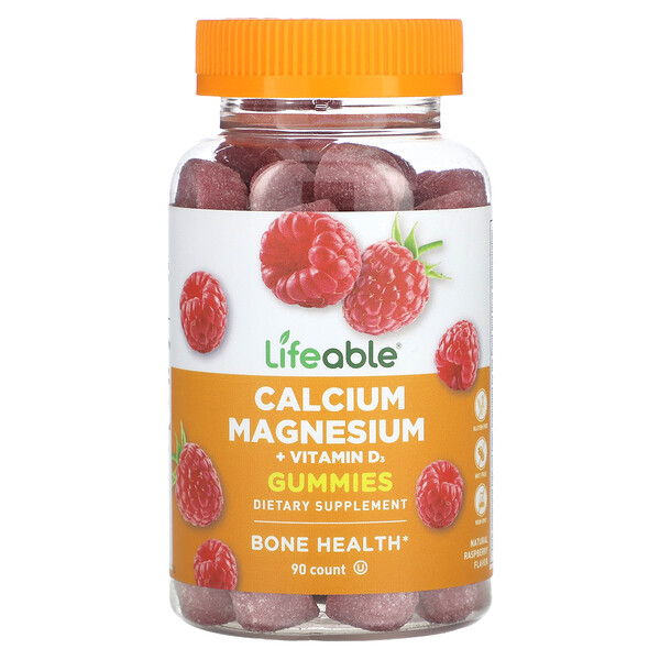 Кальций Магний + Витамин D3, Натуральная малина, 90 жевательных конфет - Lifeable Lifeable