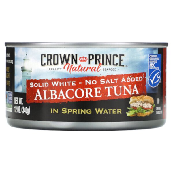 Albacore Tuna, Solid White - No Salt Added, In Spring Water, 12 oz (340 g) Crown Prince