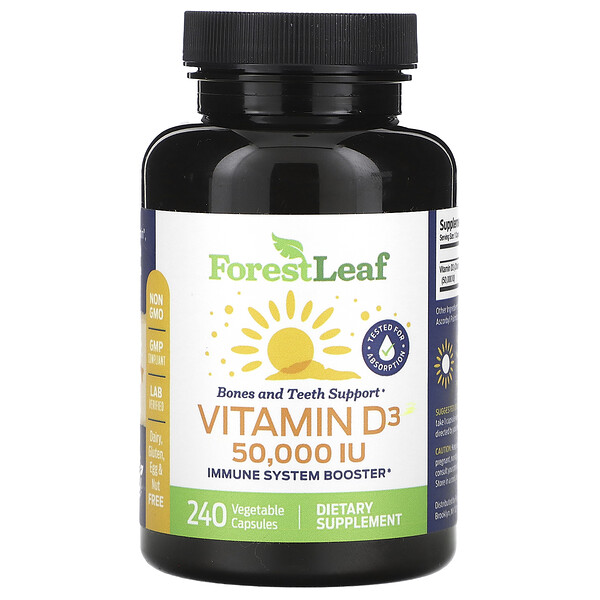 Витамин D3, 1250 мкг (50 000 МЕ), 240 растительных капсул Forest Leaf