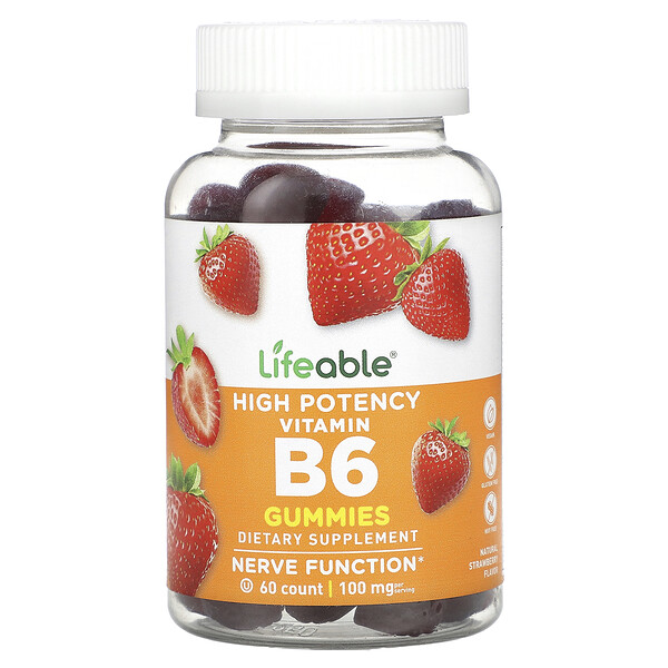 Высокоэффективные жевательные конфеты с витамином B6, натуральная клубника, 100 мг, 60 жевательных конфет (50 мг на жевательную конфету) Lifeable