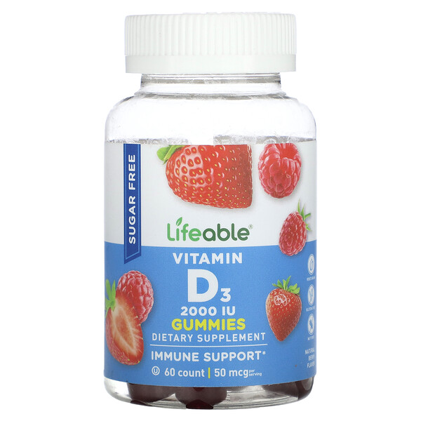 Жевательные конфеты с витамином D3, без сахара, натуральные ягоды, 2000 МЕ, 60 жевательных конфет (25 мкг (1000 МЕ) на жевательную конфету) Lifeable
