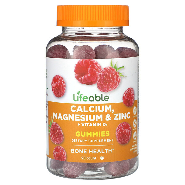 Кальций, Магний и Цинк + Витамин D3 - Натуральная малина - 90 жевательных конфет - Lifeable Lifeable