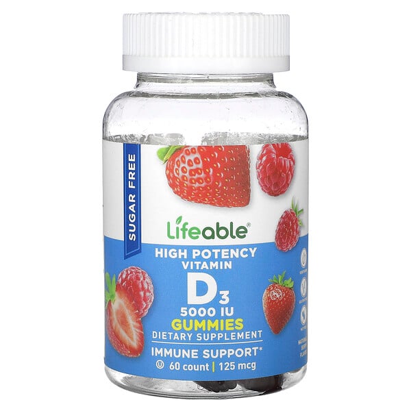 Высокоэффективные жевательные конфеты с витамином D3, без сахара, натуральные ягоды, 125 мкг (5000 МЕ), 60 жевательных таблеток Lifeable