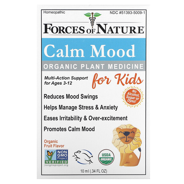 Calm Mood, Органическое растительное лекарство, для детей в возрасте от 3 до 12 лет, фруктовый вкус, 10 мл (0,34 жидкой унции) Forces of Nature