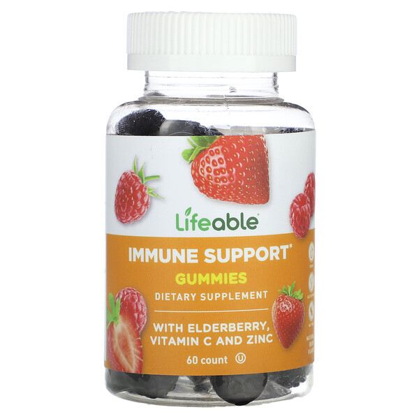 Жевательные конфеты для поддержки иммунитета с бузиной, витамином С и цинком, натуральные ягоды, 60 жевательных конфет Lifeable
