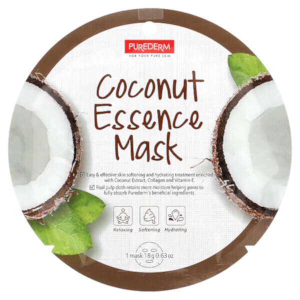 Косметическая маска с кокосовой эссенцией, 12 листов по 0,63 унции (18 г) каждый PUREDERM