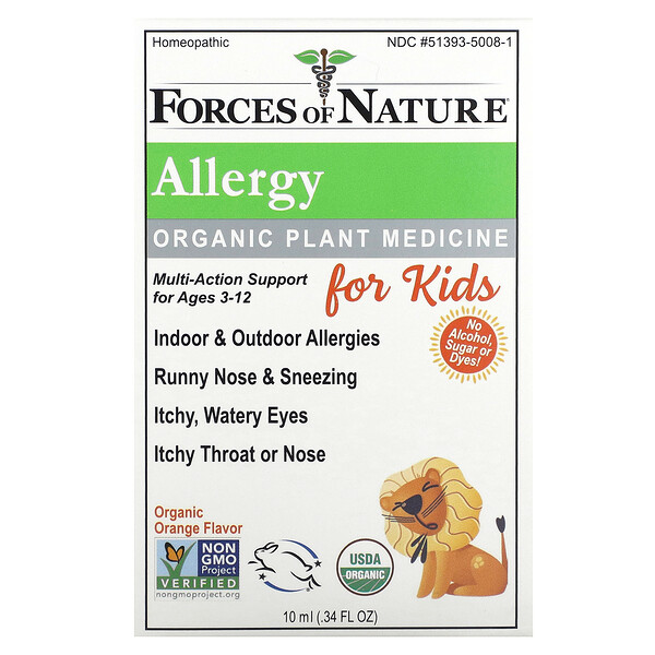 Allergy, Органическое растительное лекарство, для детей в возрасте от 3 до 12 лет, апельсин, 0,34 жидких унции (10 мл) Forces of Nature