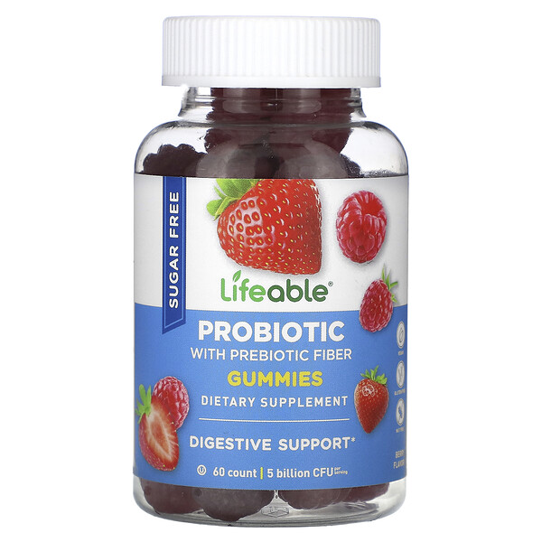 Пробиотик с пребиотической клетчаткой, жевательные конфеты, ягоды, без сахара, 2,5 миллиарда КОЕ, 60 жевательных конфет Lifeable
