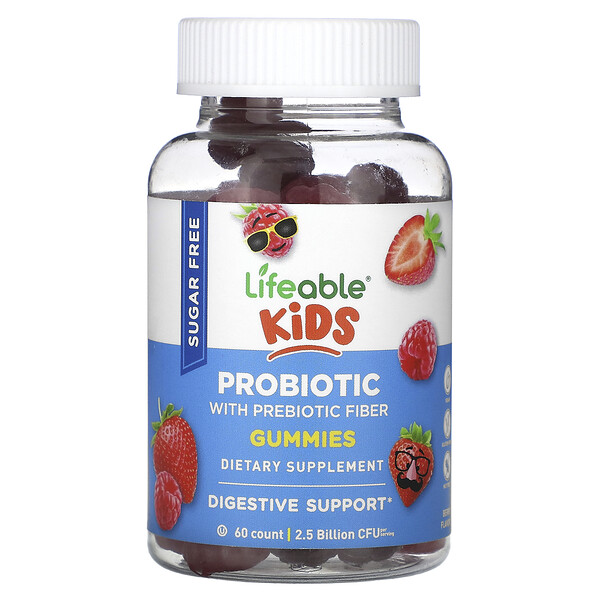 Детский пробиотик с жевательными конфетами из пробиотических волокон, без сахара, ягоды, 2,5 миллиарда КОЕ, 60 жевательных конфет Lifeable