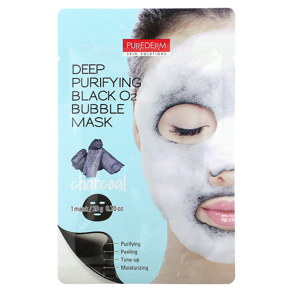Deep Purifying Black O2 Bubble Beauty Mask, уголь, 1 тканевая маска, 0,70 унции (20 г) PUREDERM