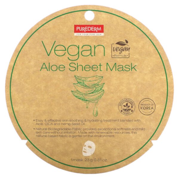 Тканевая маска Vegan Aloe Beauty, 1 тканевая маска, 0,81 унции (23 г) PUREDERM