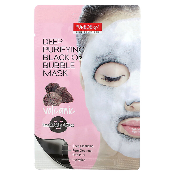 Красота-маска Deep Purifying Black O2 Bubble, вулканическая, 1 тканевая маска, 0,70 унции (20 г) PUREDERM