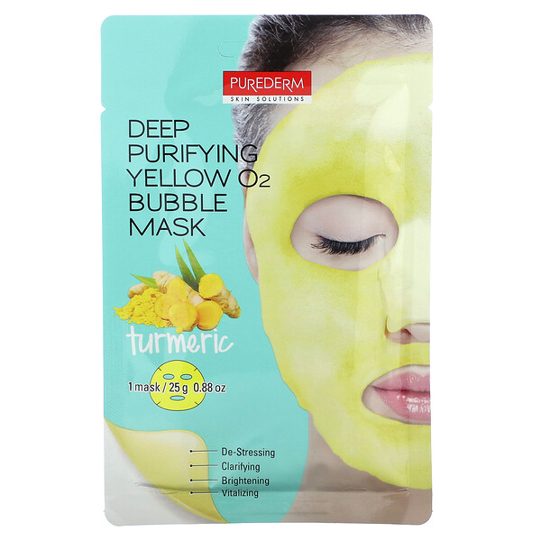 Deep Purifying Yellow O2 Bubble Beauty Mask, куркума, 1 тканевая маска, 0,88 унции (25 г) PUREDERM