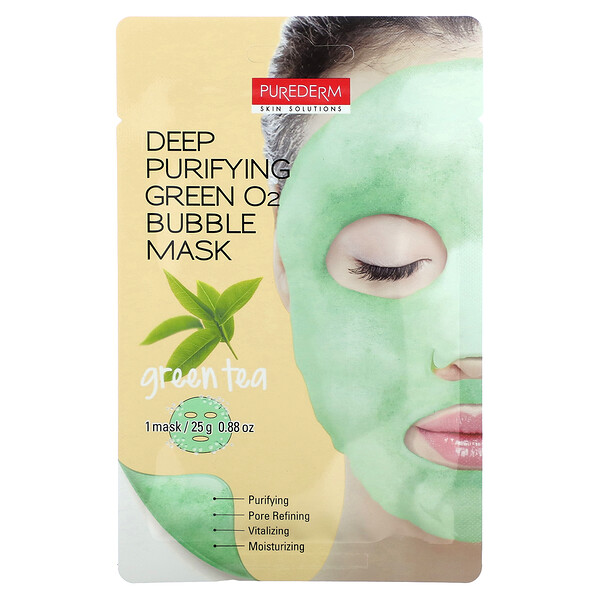 Deep Purifying Green O2 Bubble Beauty Mask, зеленый чай, 1 тканевая маска, 0,88 унции (25 г) PUREDERM