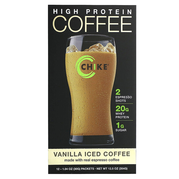 Холодный кофе с высоким содержанием белка, ваниль, 12 пакетов по 1,04 унции (30 г) каждый Chike Nutrition