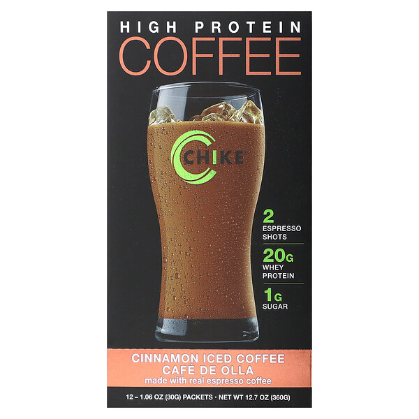 Холодный кофе с высоким содержанием белка, корица, 12 пакетов по 1,06 унции (30 г) каждый Chike Nutrition