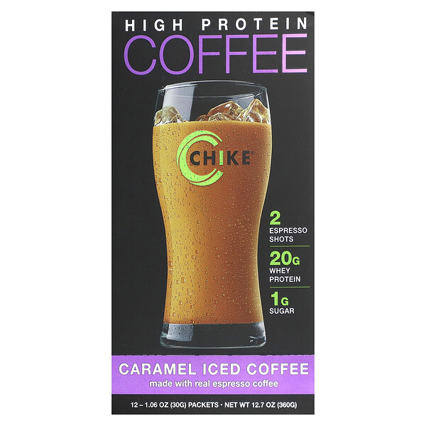 Холодный кофе с высоким содержанием белка, карамель, 12 пакетов по 1,06 унции (30 г) каждый Chike Nutrition