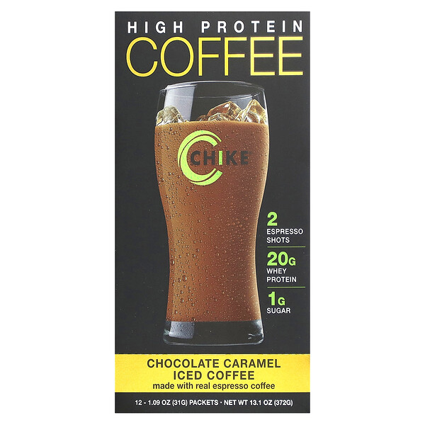 Холодный кофе с высоким содержанием белка, шоколадная карамель, 12 пакетов по 1,09 унции (31 г) каждый Chike Nutrition