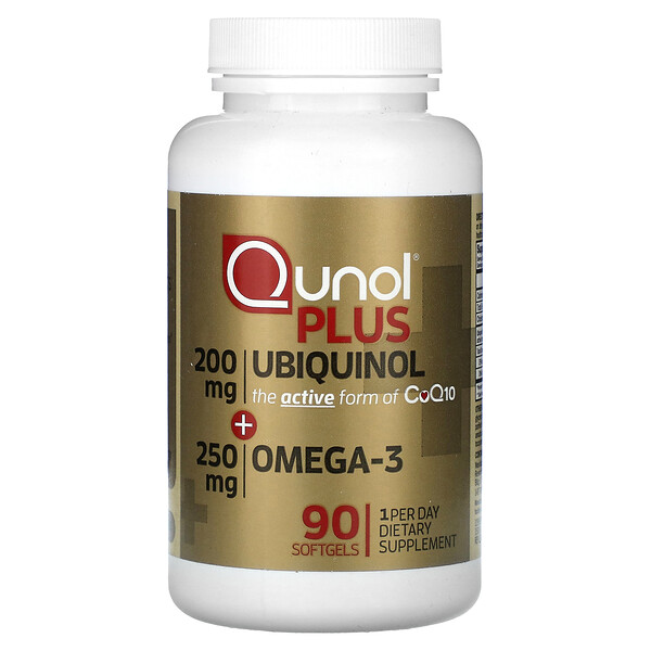 Плюс убихинол + Омега-3, 200 мг + 250 мг, 90 мягких таблеток Qunol