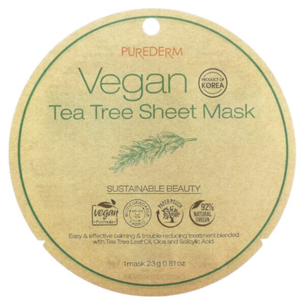 Веганская косметическая маска с чайным деревом, 1 тканевая маска, 0,81 унции (23 г) PUREDERM