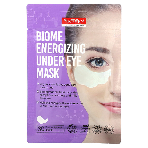 Biome Energizing Beauty Mask под глазами, 30 предварительно увлажненных листов PUREDERM