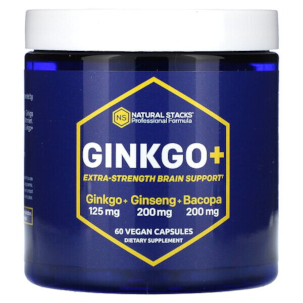 Ginkgo+, Дополнительная поддержка мозга, 60 веганских капсул Natural Stacks