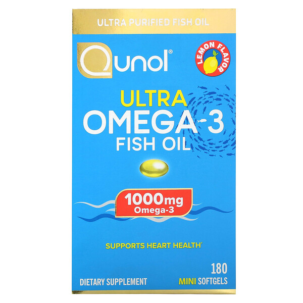 Ultra Omega-3 Рыбий Жир, Лимон, 1000 мг, 180 мини-желатиновых капсул (500 мг на капсулу) - Qunol Qunol