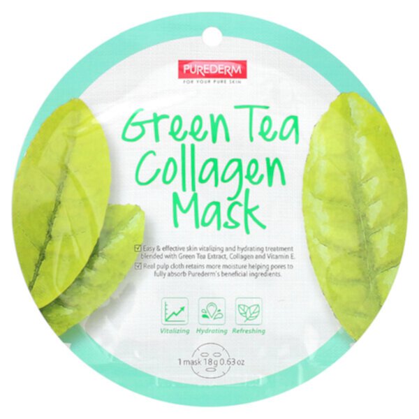 Коллагеновая косметическая маска с зеленым чаем, 12 листов по 18 г (0,63 унции) каждый PUREDERM