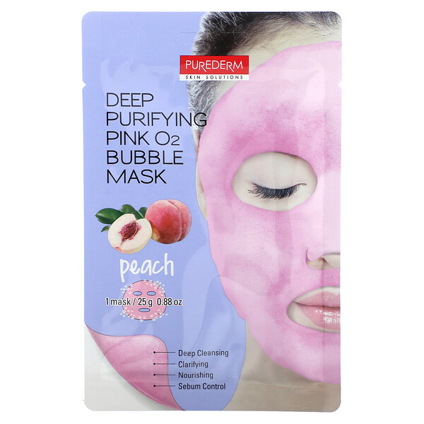 Красота-маска Deep Purifying Pink O2 Bubble, персик, 1 тканевая маска, 25 г (0,88 унции) PUREDERM