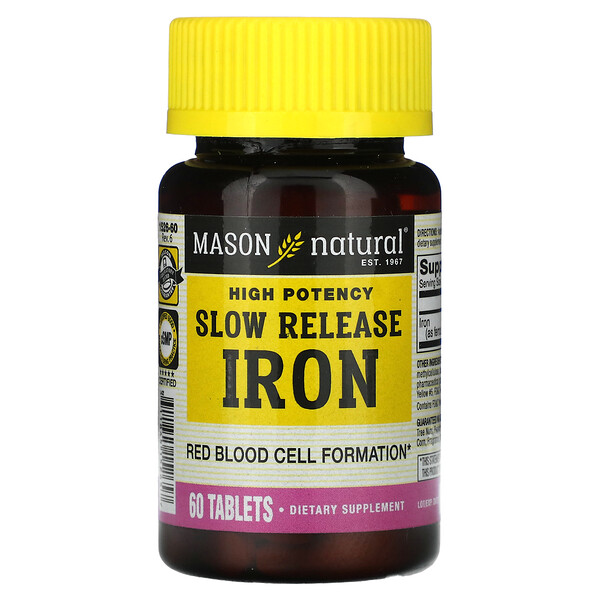 Медленно высвобождаемое железо, высокая эффективность - 60 таблеток - Mason Natural Mason Natural