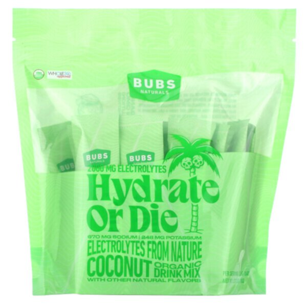 Hydrate or Die, Смесь для питья с органическим электролитом, кокос, 18 палочек по 0,4 унции (12,6 г) каждая BUBS Naturals