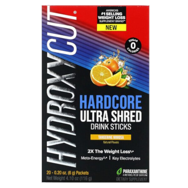 Палочки для напитков Hardcore Ultra Shed, мандариновая мимоза, 20 пакетов по 0,2 унции (6 г) каждый Hydroxycut