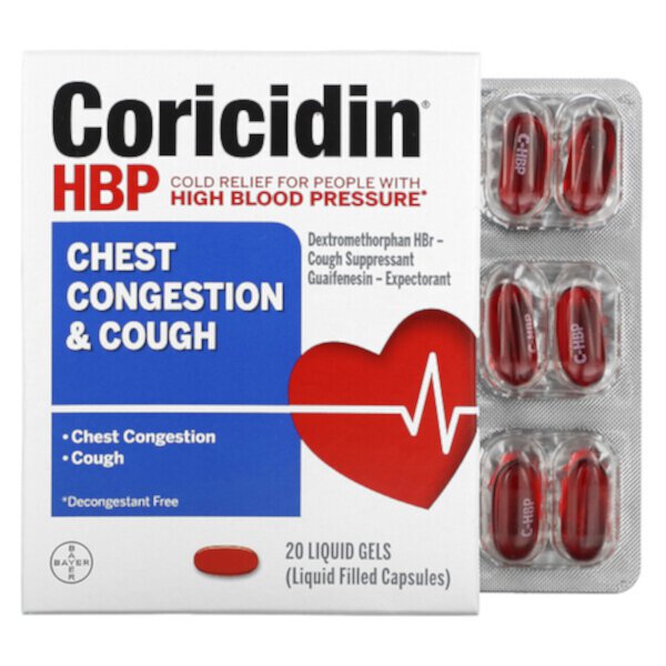 Средство от простуды и кашля для людей с высоким давлением - 20 жидких капсул - Coricidin HBP Coricidin HBP