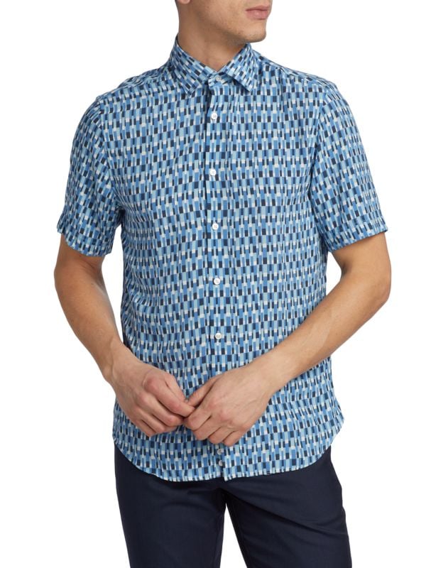 Рубашка приталенного кроя с короткими рукавами в геометрическую полоску Saks Fifth Avenue