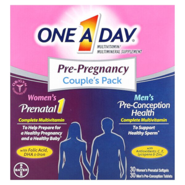 Набор для пар перед беременностью, женское пренатальное средство 1 и мужское средство перед зачатием, 30 мягких таблеток для беременных для женщин, 30 таблеток для мужчин перед зачатием One-A-Day