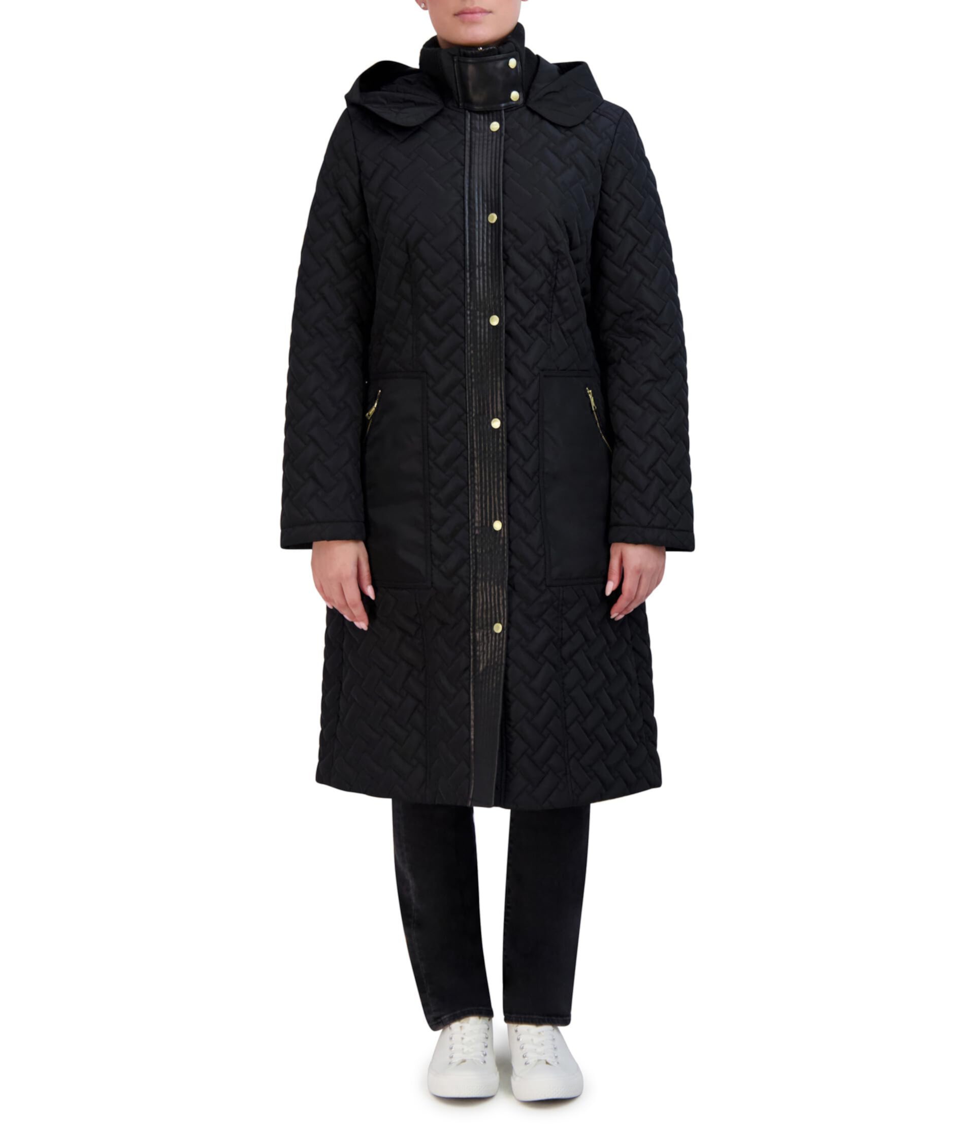 Женский Пуховик Cole Haan Signature Quilt Hooded Long Coat with Belt Cole Haan