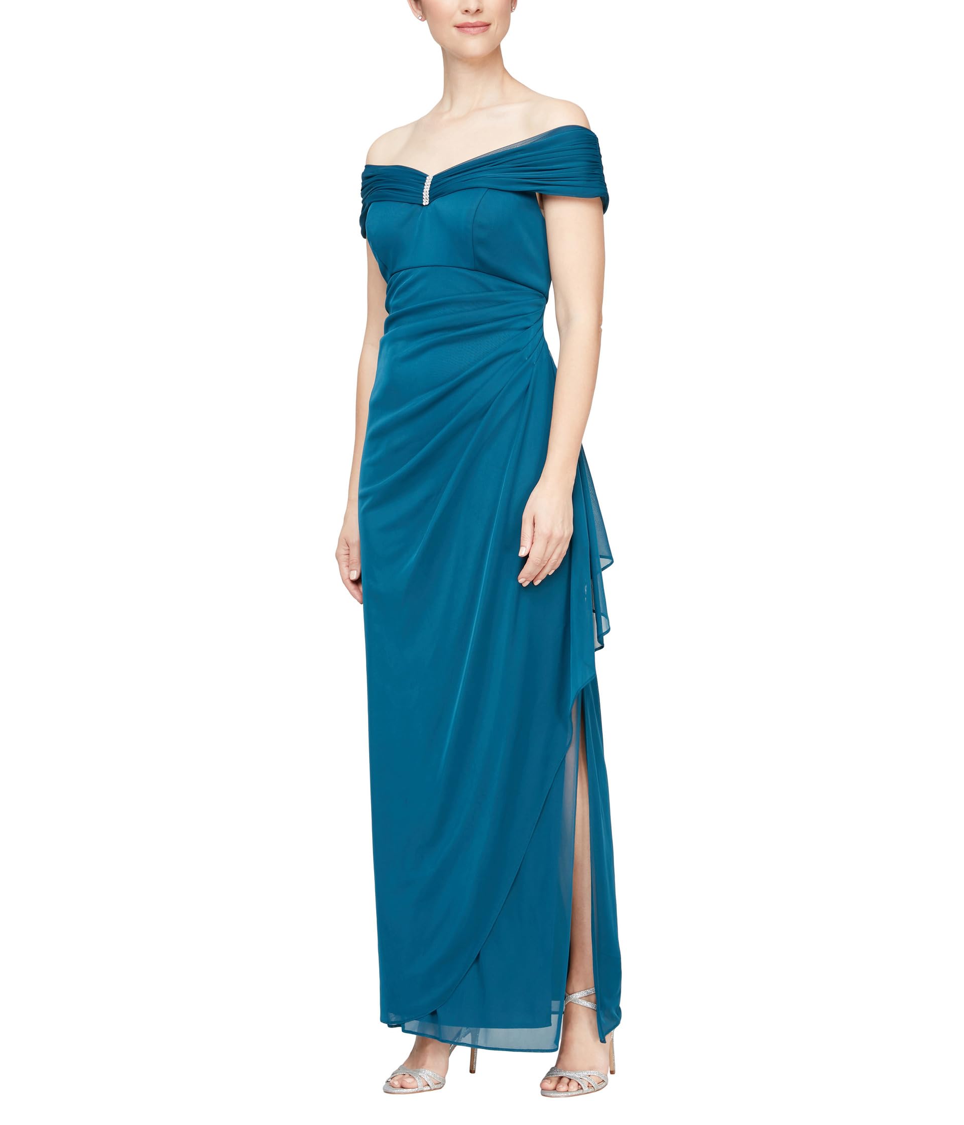 Длинное сетчатое платье с открытыми плечами и украшенным вырезом Alex Evenings