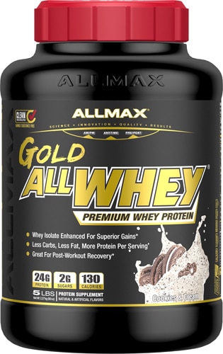 Gold AllWhey Премиум сывороточный белок со вкусом печенья и сливок 2270 г, 24 г белка в порции Allmax